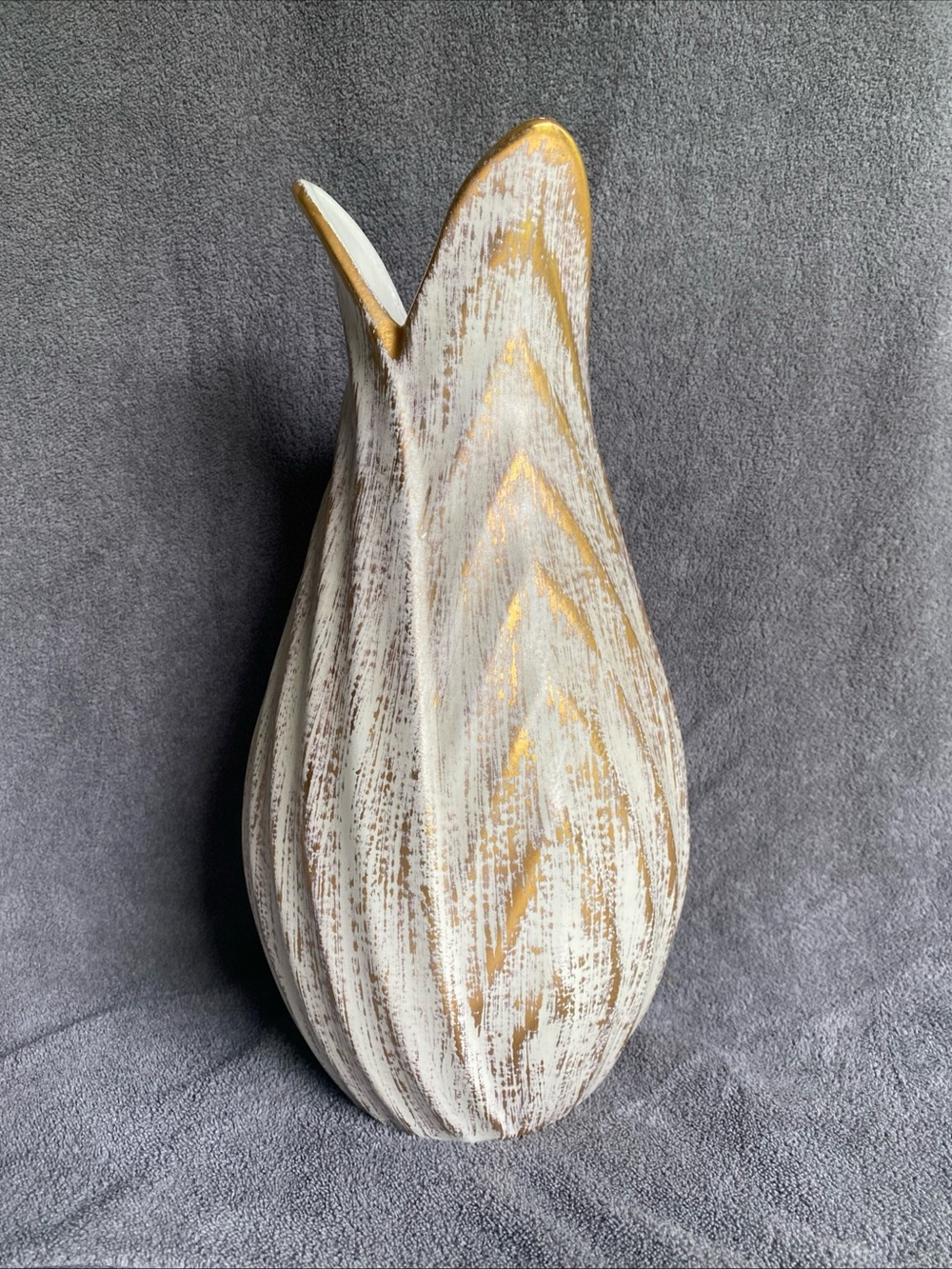 MCM Royal Haeger Tulip Vase USA Cream w/22k Gold Tweed Vintage Beauty~12”